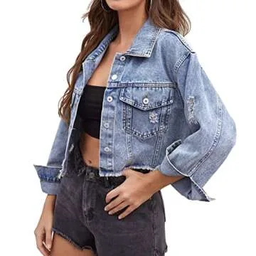 LONGYIDA Women's Ripped Cropped Denim Jacket - Stylish and Versatile