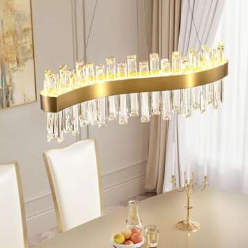 Siljoy Modern LED Crystal Chandelier, Luxury Brass Gold 2-Tiers K9 Crystal Raindrop Chandelier, Adjustable Height Linear Crystal Pendant Island Light for Living Dining Room Kitchen Island L30''