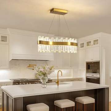 Siljoy Modern LED Crystal Chandelier, Luxury Brass Gold 2-Tiers K9 Crystal Raindrop Chandelier, Adjustable Height Linear Crystal Pendant Island Light for Living Dining Room Kitchen Island L30''