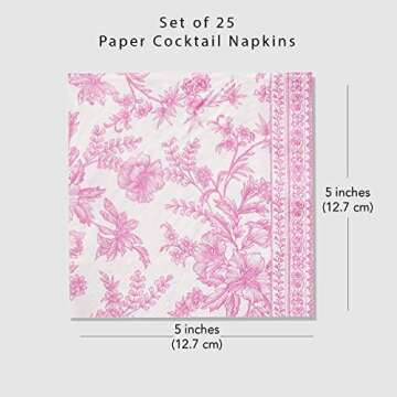 Coterie Pink Floral Paper Cocktail Napkins (Set of 25) | Beautiful Pink and White Toile Paper Napkins For Bridal and Baby Shower, Tea Party, Garden Party, Birthday Party | 5” Fancy Paper Napkins