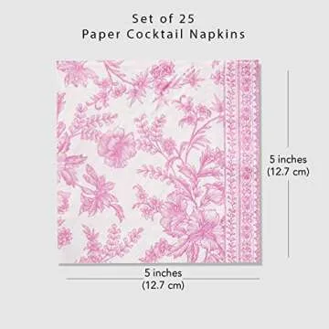 Coterie Pink Floral Paper Cocktail Napkins (Set of 25) | Beautiful Pink and White Toile Paper Napkins For Bridal and Baby Shower, Tea Party, Garden Party, Birthday Party | 5” Fancy Paper Napkins