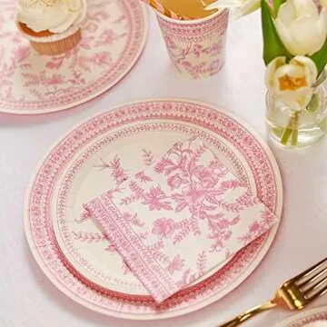 Coterie Pink Floral Paper Cocktail Napkins (Set of 25) | Beautiful Pink and White Toile Paper Napkins For Bridal and Baby Shower, Tea Party, Garden Party, Birthday Party | 5” Fancy Paper Napkins