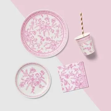 Coterie Pink Floral Paper Cocktail Napkins (Set of 25) | Beautiful Pink and White Toile Paper Napkins For Bridal and Baby Shower, Tea Party, Garden Party, Birthday Party | 5” Fancy Paper Napkins