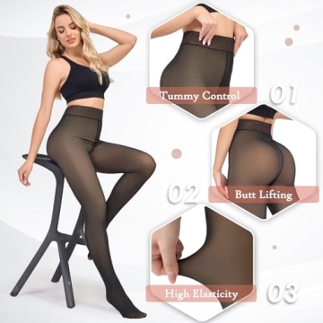 KBVOT Fleece Lined Tights Women Sheer Fake Translucent Winter Thermal Pantyhose Opaque Warm Thick High Waist Leggings(XS-2XL)