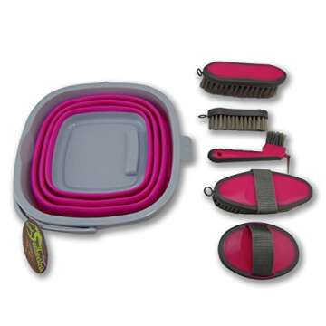 Collapsible Grooming Kit 10 Liter Bucket and 5 Grooming Tools by Southwestern Equine (Pink)