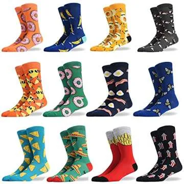 HSELL Funny Mens Colorful Dress Socks Fun Novelty Patterned Crazy Design Socks (12 Pairs - Donuts)