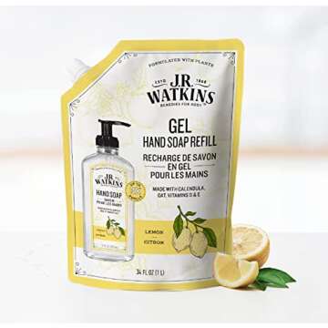 J.R. Watkins Gel Hand Soap Refill, Moisturizing Hand Wash, All Natural, Alcohol-Free, Cruelty-Free, USA Made, Lemon, 34 Fl Oz, 3 Pack