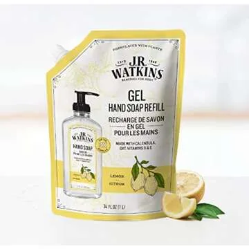 J.R. Watkins Gel Hand Soap Refill, Moisturizing Hand Wash, All Natural, Alcohol-Free, Cruelty-Free, USA Made, Lemon, 34 Fl Oz, 3 Pack