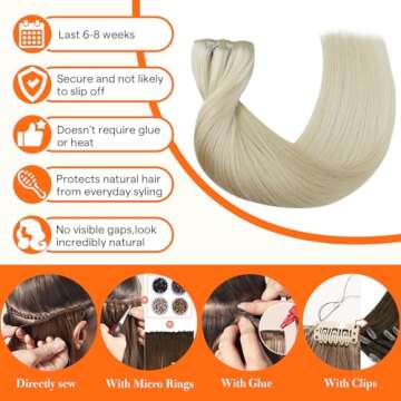 Full Shine Weft Hair Extensions Human Hair Color Platinum Blonde Sew In Hair Extensions Real Huamn Hair Remy Straight Hair Weft Extensions Blonde Straight Human Hair Bundles 105G 22 Inch