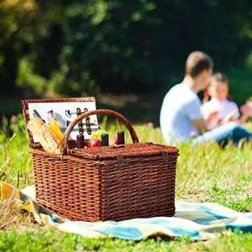 Juvale Wicker Picnic Basket Set for 4 with Utensils, Glasses, and Insulated Cooler Bag - Luxury Camping, Picnic Essentials and Outdoor Tableware for Family Gatherings