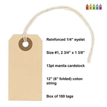Manila Paper Tags with String - #1, 2 3/4” x 1 3/8” Box of 100 Small Hang Tags with String Attac...