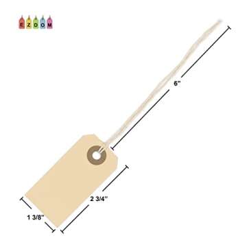 Manila Paper Tags with String - #1, 2 3/4” x 1 3/8” Box of 100 Small Hang Tags with String Attached and Reinforced Hole, Manila Tags with Strings, Shipping Tags with String