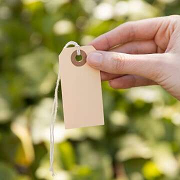 Manila Paper Tags with String - #1, 2 3/4” x 1 3/8” Box of 100 Small Hang Tags with String Attached and Reinforced Hole, Manila Tags with Strings, Shipping Tags with String