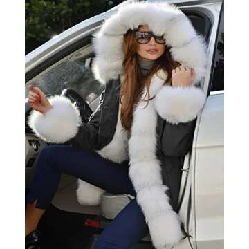 Aoxwomens Womens Fashion Winter Coat Thicken Warm Casual Plus Size Outdoor Jacket Long Parka with Fluffy Hood (X-Large, White Fur Black)