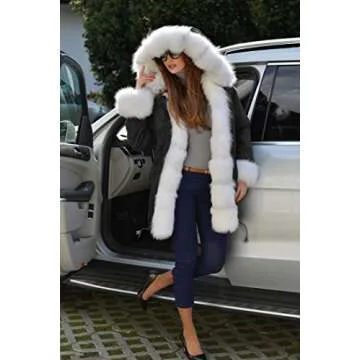 Aoxwomens Womens Fashion Winter Coat Thicken Warm Casual Plus Size Outdoor Jacket Long Parka with Fluffy Hood (X-Large, White Fur Black)