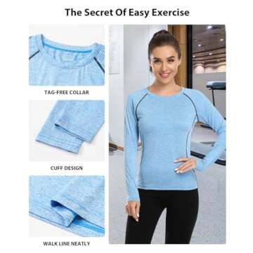 Ullony Womens Long Sleeve Moisture Wicking Tee Shirt Long Sleeve Workout Tops for Women Dry Fit Yoga Athletic Running T Shirt 4 Pack Black/Gray/Navy/Blue XL