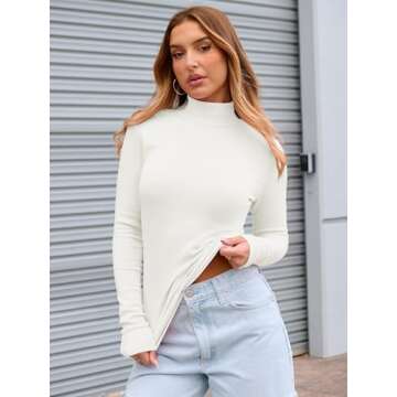 Abardsion Women's Long Sleeve Mock Turtleneck Shirts 2025 Fleece Lined Base Layer Slim Fit Thermal Underwear Tops (White, S)