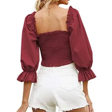 Rooscier Women's Puff Short Sleeve Square Neck Shirred Frill Sexy Crop Top Blouse Wine Red Large