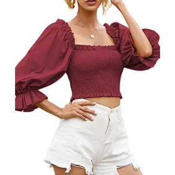 Rooscier Elegant Puff Sleeve Crop Top for Women - Wine Red