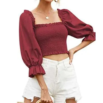 Rooscier Elegant Puff Sleeve Crop Top for Women - Wine Red