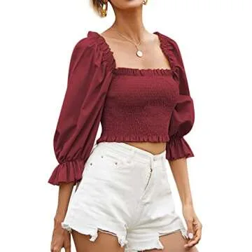 Rooscier Elegant Puff Sleeve Crop Top for Women - Wine Red