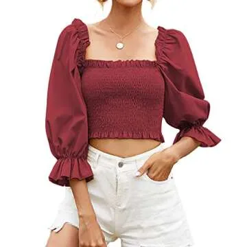 Rooscier Elegant Puff Sleeve Crop Top for Women - Wine Red