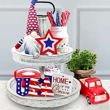 Farmhouse Decor, Two Tiered Tray White with 3 Wood Cute Signs, Wooden Rustic Modern Decorations Items for Home Kitchen Shelf Coffee Bar Table