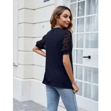 Blooming Jelly Womens Short Sleeve Blouse Business Casual Dressy Tops Ribbed Summer Stylish Work Shirts(Small, Navy Blue)