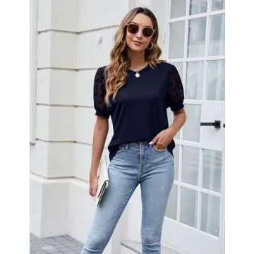 Blooming Jelly Womens Short Sleeve Blouse Business Casual Dressy Tops Ribbed Summer Stylish Work Shirts(Small, Navy Blue)