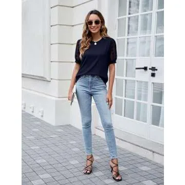 Blooming Jelly Womens Short Sleeve Blouse Business Casual Dressy Tops Ribbed Summer Stylish Work Shirts(Small, Navy Blue)