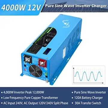4000W 12V Inverter Charger,Peak 12000W,240Vac Input, 120V/240Vac Output Split Phase,Low Frequency,Pu...