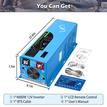4000W 12V Inverter Charger,Peak 12000W,240Vac Input, 120V/240Vac Output Split Phase,Low Frequency,Pure Sine Wave Inverter, LCD Remote Controller,for Off Grid System(Upgraded Version)