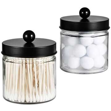 SheeChung Bathroom Organizers and Storage - 2Pack Qtip Holders Bathroom Canister Apothecary Jars for Cotton Swabs, Rounds, Balls, Qtips,Makeup Sponges, Flossers,Bath Salts - Black