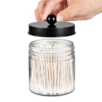 SheeChung Bathroom Organizers and Storage - 2Pack Qtip Holders Bathroom Canister Apothecary Jars for Cotton Swabs, Rounds, Balls, Qtips,Makeup Sponges, Flossers,Bath Salts - Black