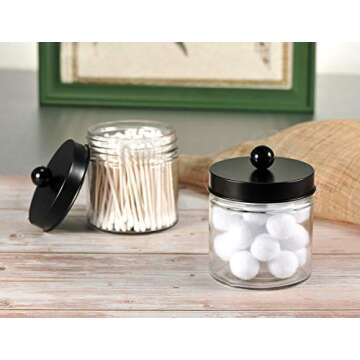 SheeChung Bathroom Organizers and Storage - 2Pack Qtip Holders Bathroom Canister Apothecary Jars for Cotton Swabs, Rounds, Balls, Qtips,Makeup Sponges, Flossers,Bath Salts - Black