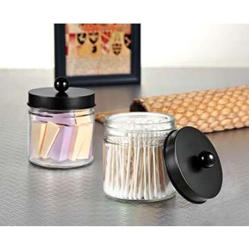 SheeChung Bathroom Organizers and Storage - 2Pack Qtip Holders Bathroom Canister Apothecary Jars for Cotton Swabs, Rounds, Balls, Qtips,Makeup Sponges, Flossers,Bath Salts - Black