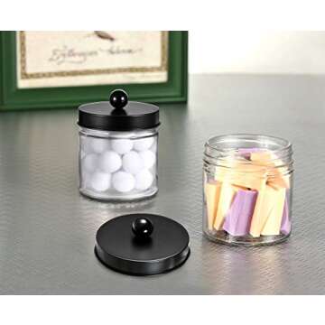 SheeChung Bathroom Organizers and Storage - 2Pack Qtip Holders Bathroom Canister Apothecary Jars for Cotton Swabs, Rounds, Balls, Qtips,Makeup Sponges, Flossers,Bath Salts - Black