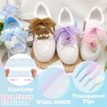 WEGOODZF Flat Lace Fancy Shoelaces: 3CM Wide Off White Lace Shoe Laces for Women 31 inch - 2 Pairs