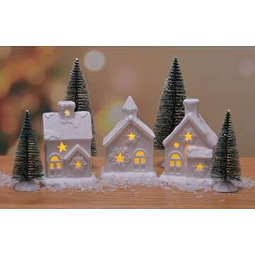 Mark Feldstein & Associates Unglazed Porcelain Pre Lit LED Cozy Knit Winter Village with Trees, 7 Pi...