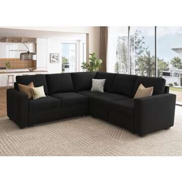 HONBAY Modular Sectional Sleeper Sofa with Pull Out Bed, Velvet L Shaped Sectional Couch with Storage Seat, Convertible Sectional Couches for Living Room, Black