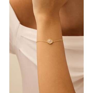 PAVOI 14K Yellow Gold Plated Hexagon Rose Quartz Gemstone Bracelet for Women | Dainty Solitaire Natu...