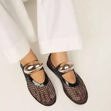 MICIFA Mesh Ballet Flats for Women Metal Decor Ballerina Mary Jane Flats Round Toe Buckle Casual Dre...