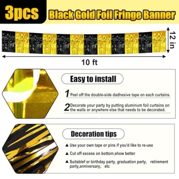 Stylish 10 Feet Black Gold Foil Fringe Garland