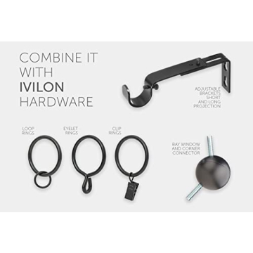 Ivilon Drapery Window Curtain Rod - End Cap Style Design 1 Inch Pole. 72 to 144 Inch Color Black