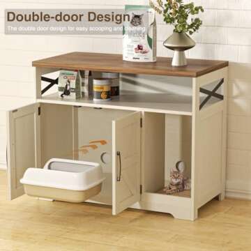 Halitaa Cat Litter Box Enclosure, Hidden Litter Box Furniture Cat Washroom with Cat Scratch Pad, Farmhouse Indoor Cat House End Table, White