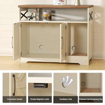 Halitaa Cat Litter Box Enclosure, Hidden Litter Box Furniture Cat Washroom with Cat Scratch Pad, Farmhouse Indoor Cat House End Table, White