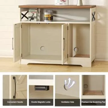 Halitaa Cat Litter Box Enclosure, Hidden Litter Box Furniture Cat Washroom with Cat Scratch Pad, Farmhouse Indoor Cat House End Table, White