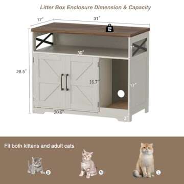 Halitaa Cat Litter Box Enclosure, Hidden Litter Box Furniture Cat Washroom with Cat Scratch Pad, Farmhouse Indoor Cat House End Table, White