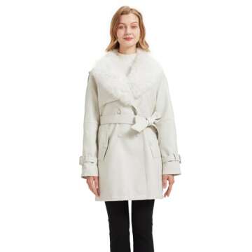 AOWITH Women Faux Leather Trench Long Coat wiht Fur Collar,Mid Length Double-Breasted Overcoat Jacket Fur Lined(052 Black XL)