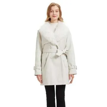 AOWITH Women Faux Leather Trench Long Coat wiht Fur Collar,Mid Length Double-Breasted Overcoat Jacket Fur Lined(052 Black XL)